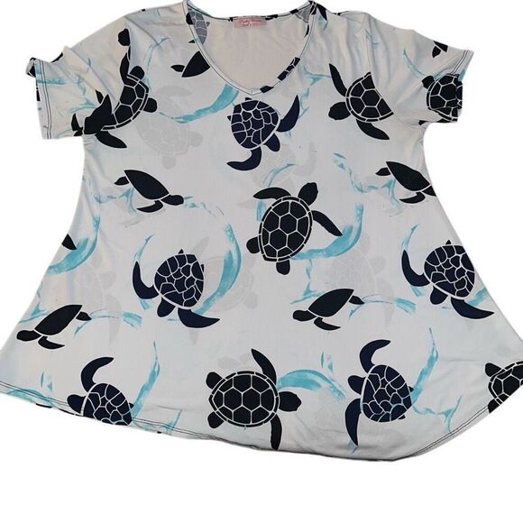 Pretty Woman White Black Sea Turtle Print Asymmetric Hem T-shirt Ladies Large - Picture 1 of 9